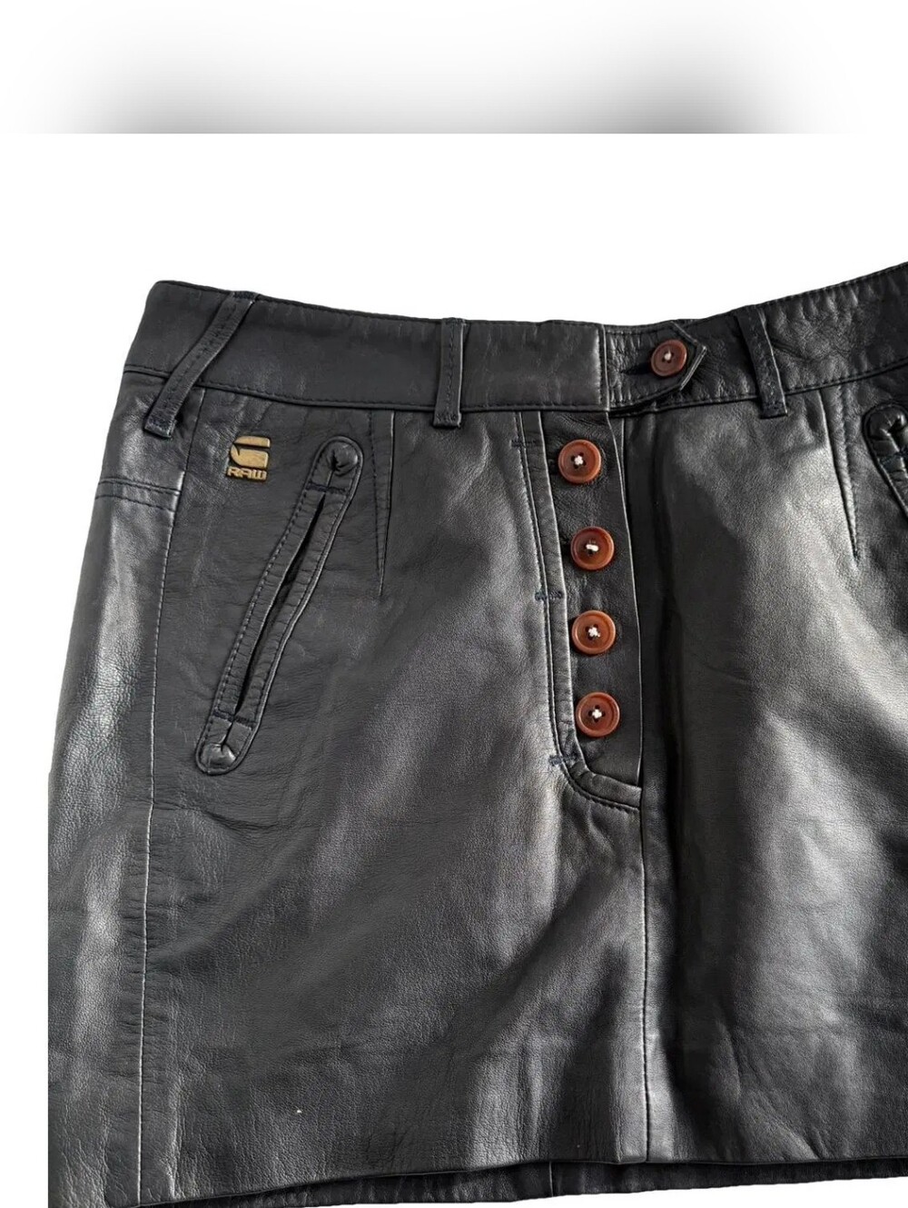 G-Star Raw  Black Genuine Leather Button-Front Mini Skirt Size 27